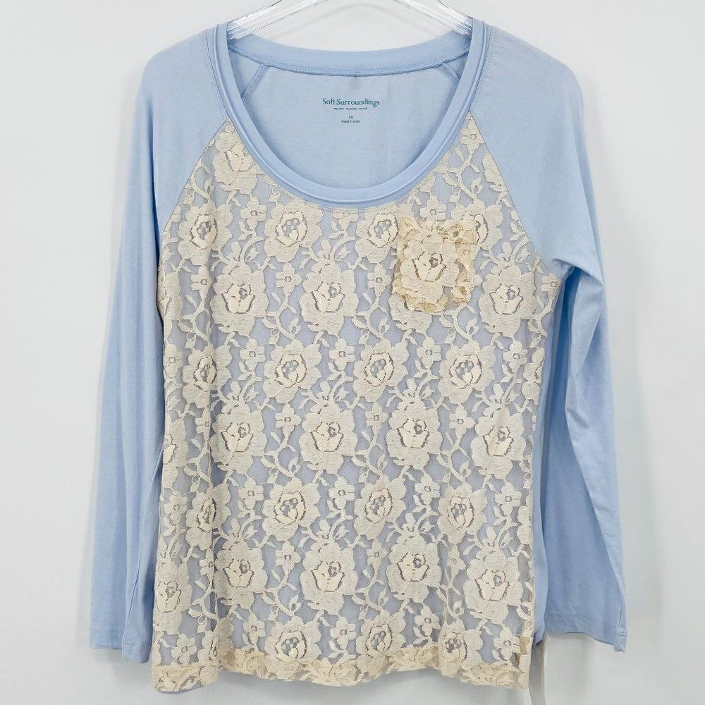 NEW Soft Surroundings Size XS Pale Blue Lace Overlay Long Sleeve Pocket Top